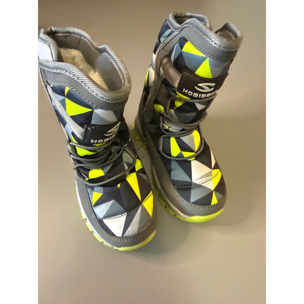 Hobibear Kids Snow Boots Grey Neon Yellow Geometric Winter Faux Fur Lined